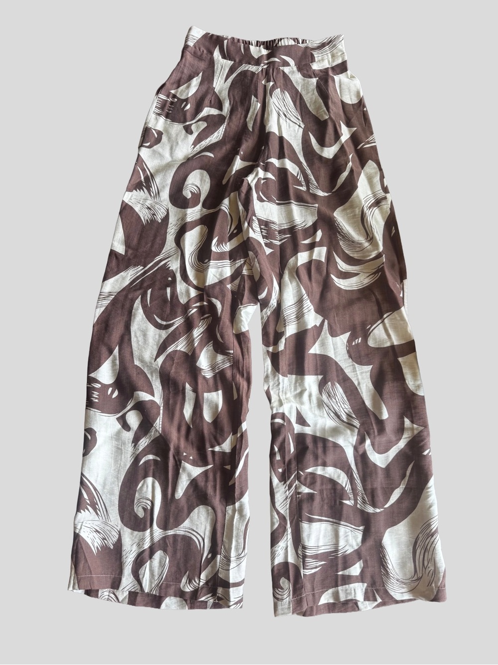 Women’s Brown and Cream Wide-Leg Printed Linen Pants